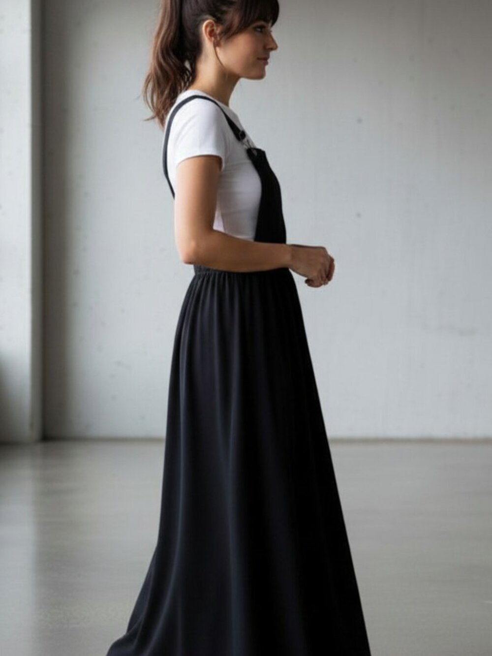 Anthropologie Sans Souci Overall Maxi Dress Apron Bib Pinafore Black Chiffon MED - Picture 4 of 9